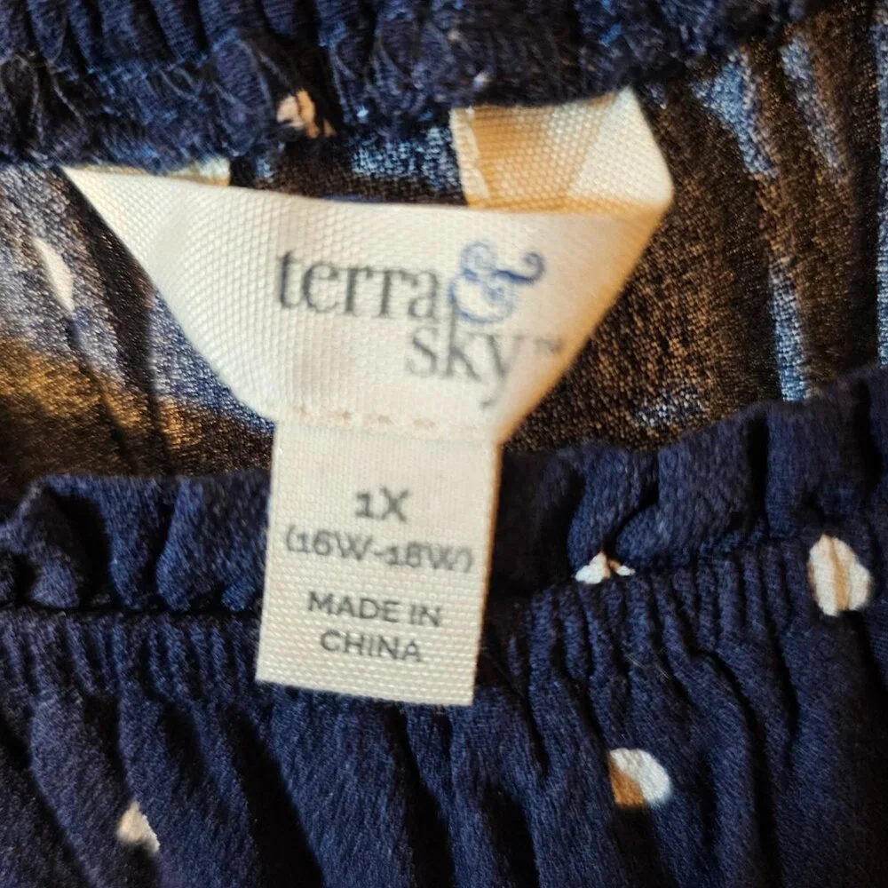 Terra & Sky Plus Size 1X 16W-18W, Navy Blue/White Polka Dots Blouse, Long Sleeve - Picture 5 of 6